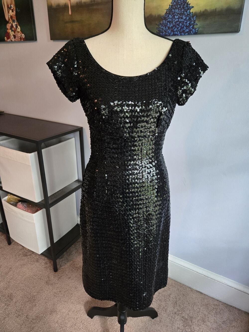Frances Prisco Original VTG 1960s Black Sequin Wiggle Style Cocktail Dress Small